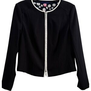 Basler Women's 40 US 10 Black / White Trim Collarless Two Way Zipper‎ Blazer
